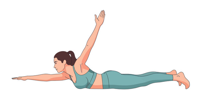 Woman doing Superman exercise on white background