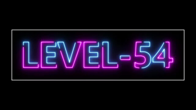 Abstract neon level 54 number 4k animation. Level 54 neon text. Neon level up sign. motion graphic perfect for social media content. black background 4k animation.