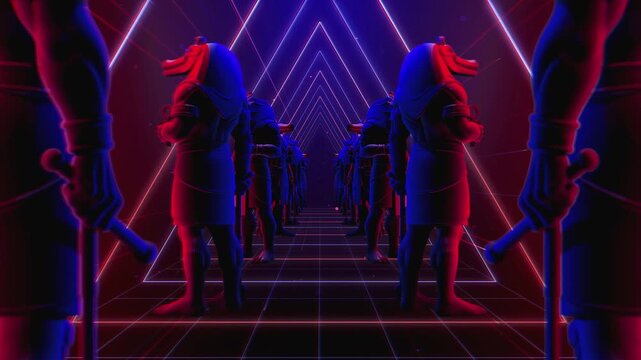 4K seamless blue and red VJ loop tunnel featuring a stylized, geometric 3D Sobek deity figure with glowing circuits for VJ sets, stage screens, electronic music festivals and LED video walls