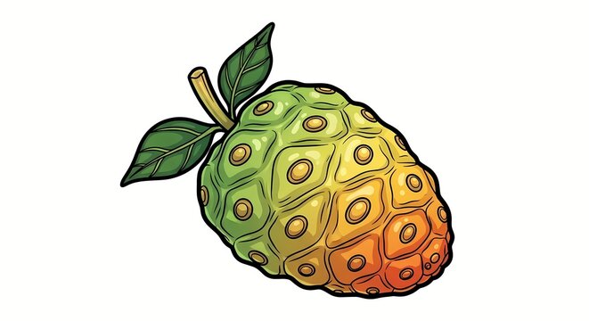 A vibrant colorful illustration depicts a soursop fruit with a textured surface transitioning from green to yellow to orange hues high quality professional detailed modern elegant