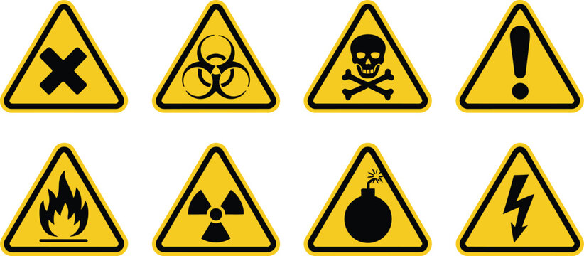 Danger warning sign icon set, collection of poison toxic biohazard caution symbols including skull chemical hazard yellow triangle vector illustration for safety and alert design.