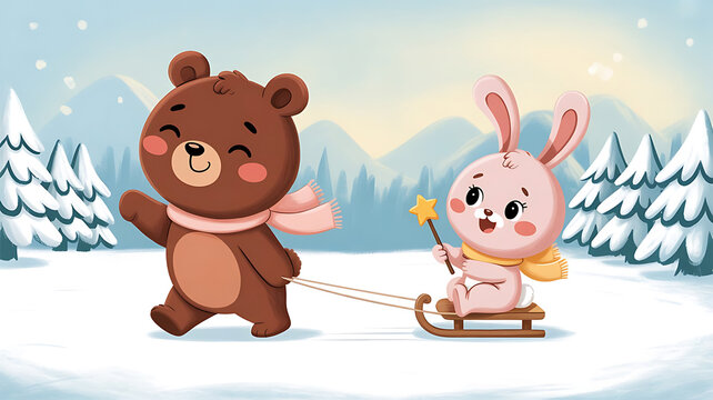 Cute bear pulling rabbit on sled in snowy winter forest cartoon vector