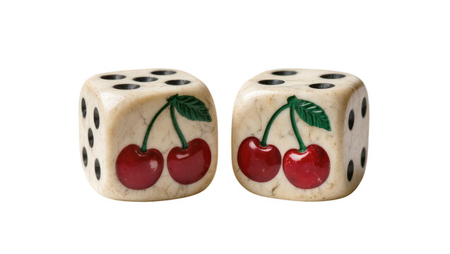 Two ivory dice with cherry symbols, isolated on transparent background