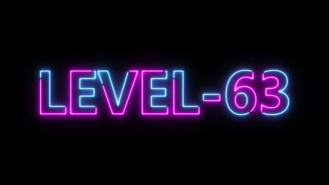 Abstract neon level 63 number 4k animation. Level 63 neon text. Neon level up sign. motion graphic perfect for social media content. black background 4k animation.
