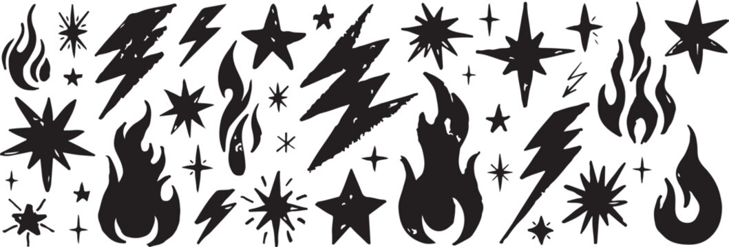 Vector graphic illustration of various black fire and lightning bolt symbols and star designs