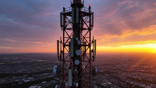 Cell tower at sunset over city for corporate presentations, business marketing, and commercial use