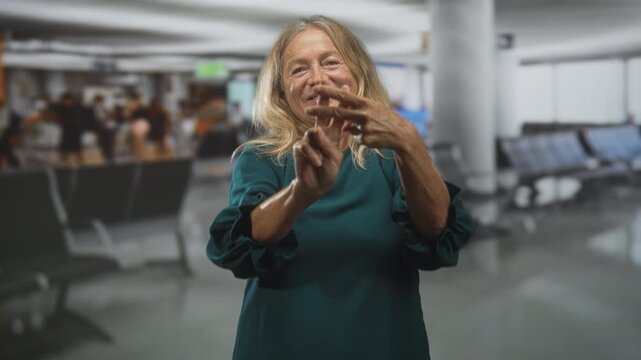 Senior woman shows interlaced hands and smiles while gesturing toward camera in a busy airport terminal with seating and blurred passengers; joy.