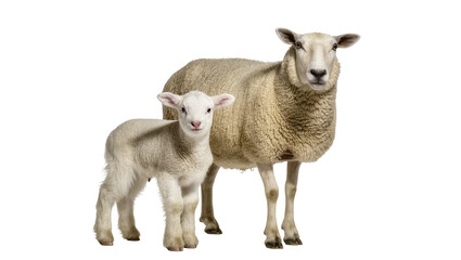 Obraz premium Fluffy white lamb standing next to mother sheep, isolated on transparent background