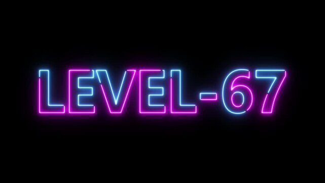 Abstract neon level 67 number 4k animation. Level 67 neon text. Neon level up sign. motion graphic perfect for social media content. black background 4k animation.