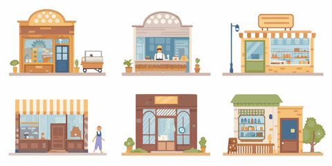 Obraz premium Colorful illustrations of various storefronts and small business facades