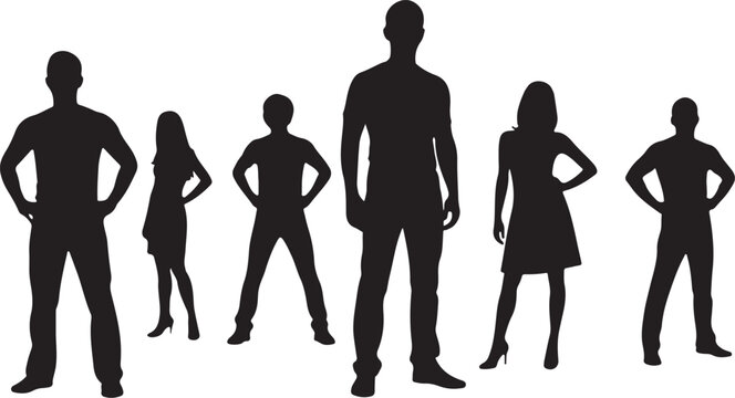 Six confident people standing in a row with hands on hips in black silhouettes vector graphic illustration