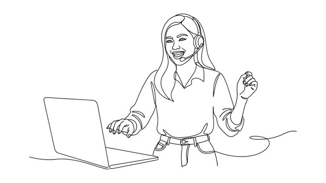 Woman sitting with laptop happily. Continuous line style. Hand drawn. Line art. Vector design. illustrations