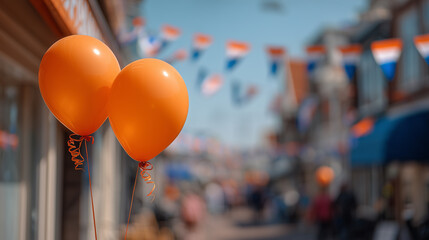 Orange balloons on festive street with Dutch flags celebrating Kings Day in Netherlands holiday atmosphere urban decoration