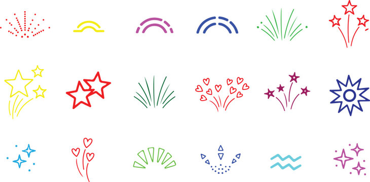 Colorful vector graphic illustration of various festive explosion and sparkler designs for celebrations