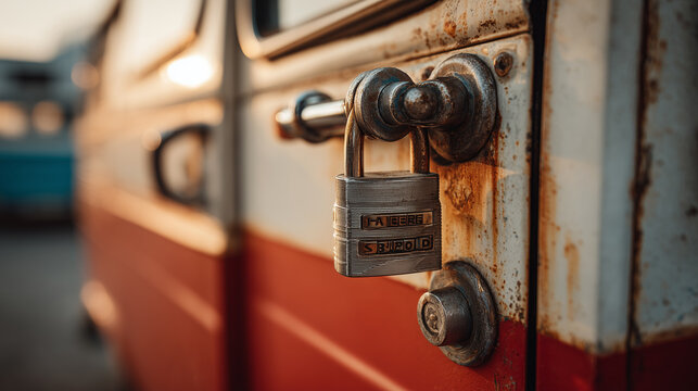 Close up padlock on rusty van door security protection concept vintage vehicle detail safety lock mechanism
