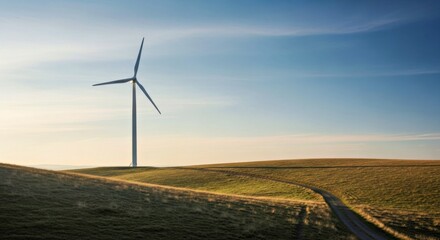 Obraz premium Serene Wind Power Station Against Rolling Hills and Expansive Blue Sky