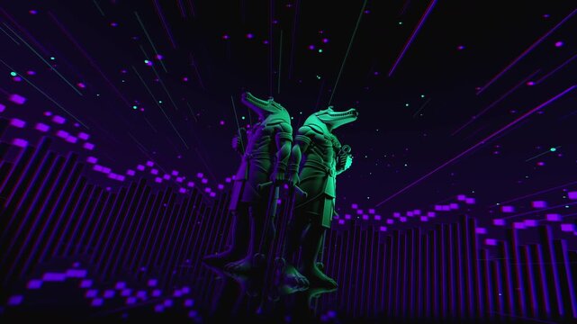  4K seamless turquoise and lilac VJ loop featuring a stylized, geometric 3D Anubis deity figure with glowing circuits for VJ sets, stage screens, electronic music festivals and LED video walls