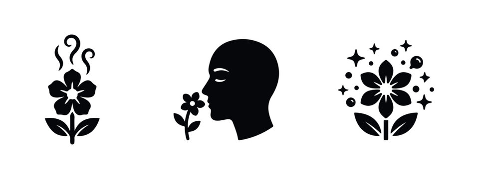 Minimalist black icons representing fragrance, aromatherapy, and the sense of smell, featuring flowers and a person smelling a floral scent.