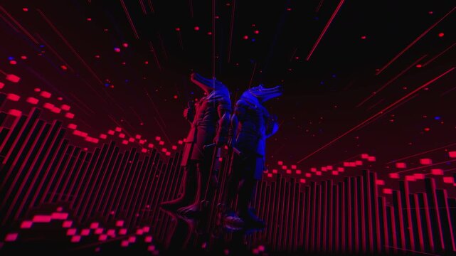 4K seamless blue and red VJ loop featuring a stylized, geometric 3D Anubis deity figure with glowing circuits for VJ sets, stage screens, electronic music festivals and LED video walls