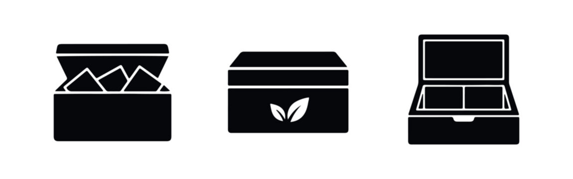 Minimalist black icon set of tea boxes and chests, including open designs with teabags and organic leaf packaging, isolated on white.