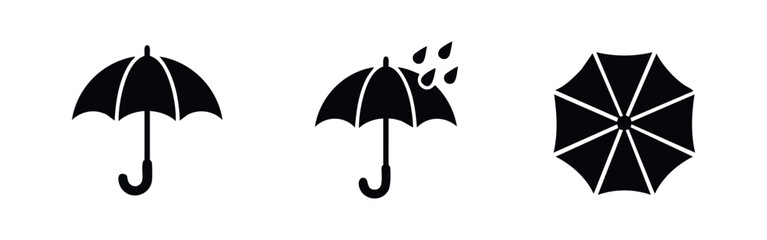 Set of three black umbrella icons featuring side views with and without rain, and a top-down view. Minimalist vector silhouettes for weather apps. © Lili