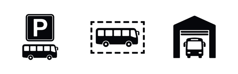 Collection of black and white bus parking icons featuring a depot, parking sign, and designated area. Minimalist flat design for transport logistics. © Lili