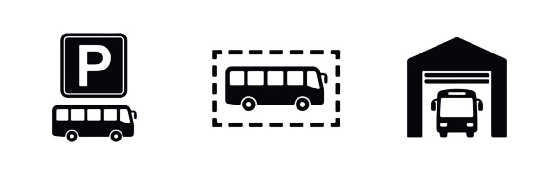 Collection of black and white bus parking icons featuring a depot, parking sign, and designated area. Minimalist flat design for transport logistics.