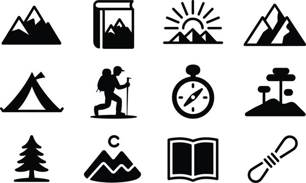 Icon set for hiking and outdoor adventure mountains tents compass with mountain icon tent icon backpack icon trekkers icon book icon sunrise icon tree icon rope icon outdoor activity