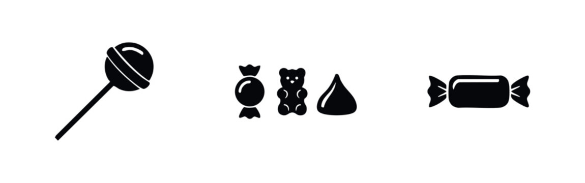 Minimalist black candy icons set featuring a lollipop, gummy bear, chocolate drop, and wrapped sweets on a plain white background.