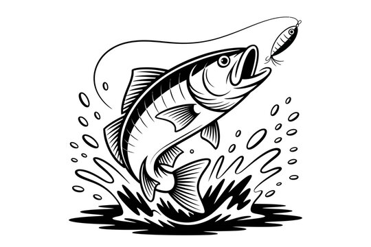 A black and white vector illustration of a fish jumping out of water catching a lure