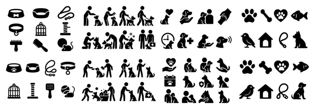 Pet care icons with bowl leash silhouette