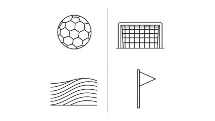 Football Icon Set: Minimalist illustrations of essential football elements, perfect for design and sports content. Featuring a football, goal, field lines, and corner flag. © hafs121
