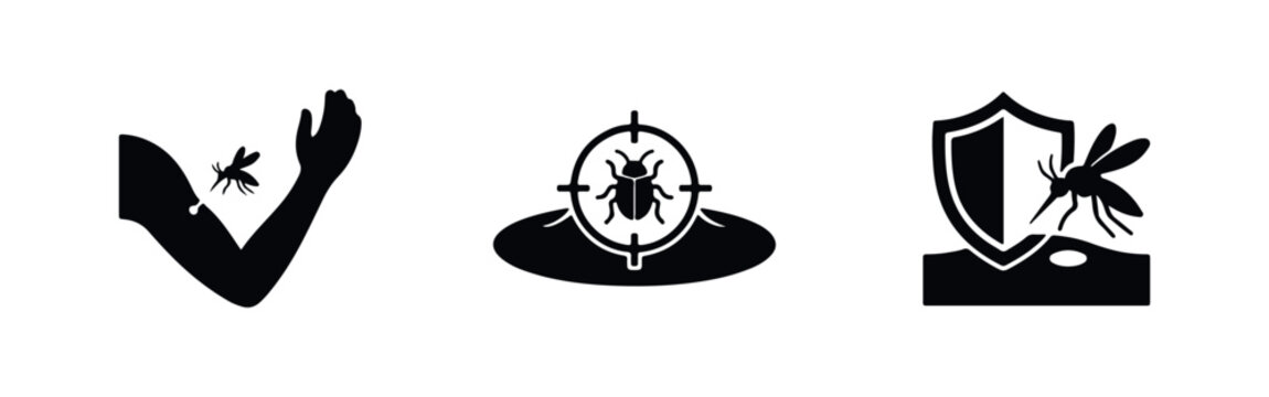 Set of icons for insect protection and pest control, including a mosquito bite on an arm, a targeted bug, and a defensive shield for skin safety.