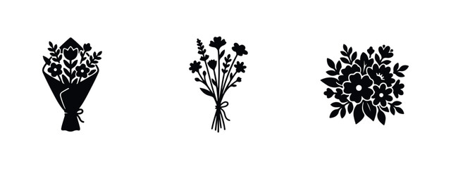 Minimalist black silhouette set of three floral bouquets. Elegant flower icons for wedding invitations, greeting cards, and graphic design projects. © Lili