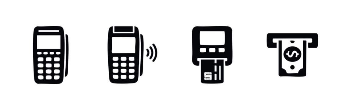 Collection of hand-drawn black and white payment icons including POS terminals, contactless pay, credit card reader, and ATM cash withdrawal.