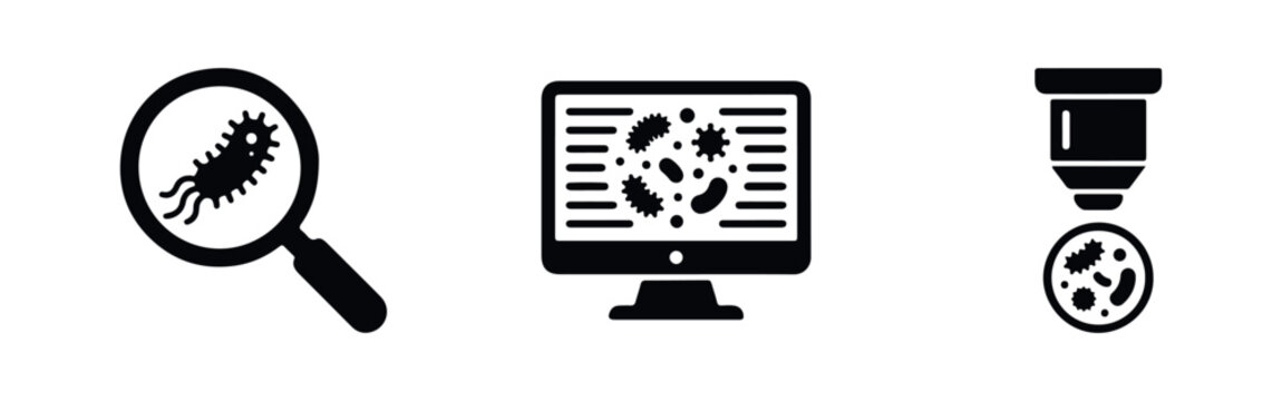 Microbiology and lab research icon set featuring microbes under a magnifying glass, computer screen analysis, and microscope lens view. Black icons.