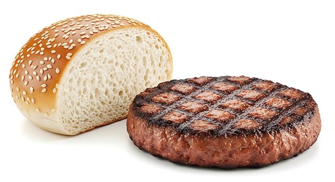 Delicious grilled beef burger patty with grill marks and sesame seed bun on white background. plain hamburger