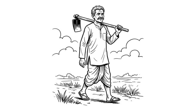 Farmer Walking in Field with Hoe, Rural Agriculture, Hard Work, Sustainable Farming, Countryside Life, Organic Harvest, Food