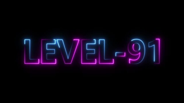 Abstract neon level 91 number 4k animation. Level 91 neon text. Neon level up sign. motion graphic perfect for social media content. black background 4k animation.