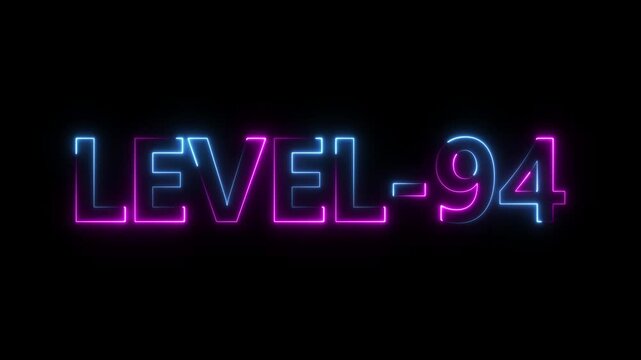 Abstract neon level 94 number 4k animation. Level 94 neon text. Neon level up sign. motion graphic perfect for social media content. black background 4k animation.