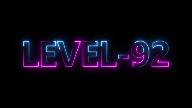 Abstract neon level 92 number 4k animation. Level 92 neon text. Neon level up sign. motion graphic perfect for social media content. black background 4k animation.