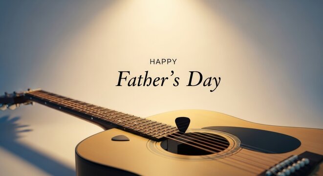 A guitar with a Happy Father's Day message on a white background with a spotlight shining down