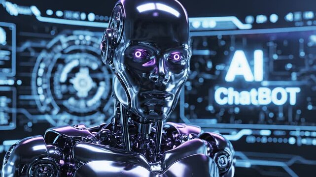 AI robot with glowing eyes and futuristic interface for corporate presentations, business marketing, and commercial use