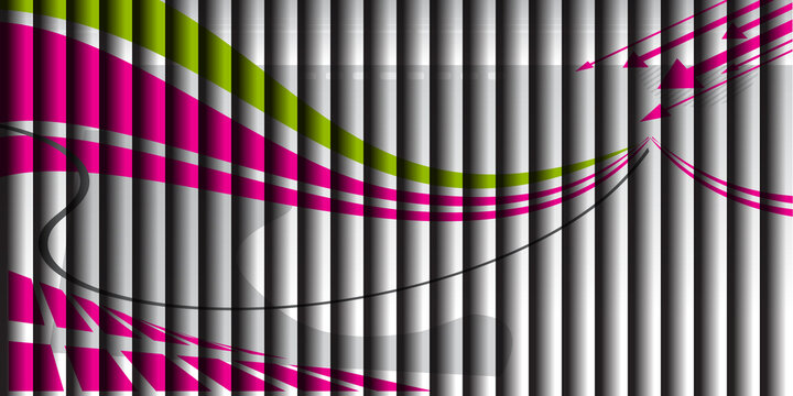 Abstract dynamic background featuring vibrant pink and green curved stripes with arrows and geometric patterns over a grayscale vertical line texture.