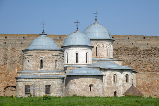 View on the ancient temples of the Ivangorod Fortress, Leningrad Region, Russia