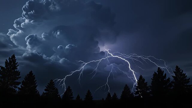 Stormy sky with lightning and trees for environmental projects, nature documentaries, and commercials