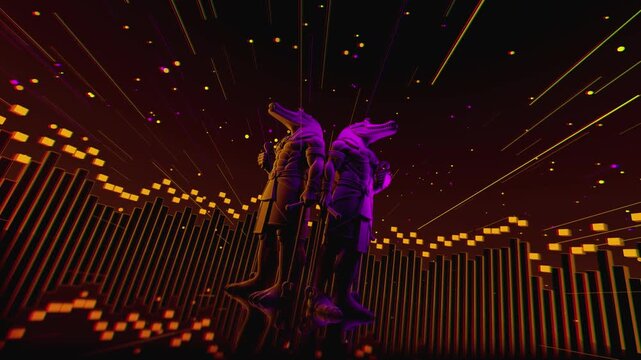 4K seamless orange and purple VJ loop featuring a stylized, geometric 3D Anubis deity figure with glowing circuits for VJ sets, stage screens, electronic music festivals and LED video walls