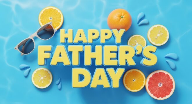 A vibrant Happy Father's Day graphic with sunglasses and citrus fruits floating in a pool