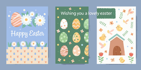 Colorful easter greeting card designs with eggs flowers and chicks © RanjanKumar