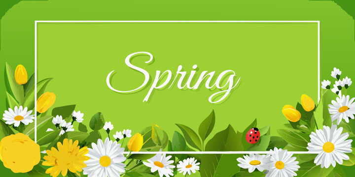 A vibrant spring themed image with flowers a ladybug and text